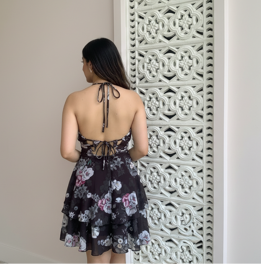Black Flora Tie Up Dress