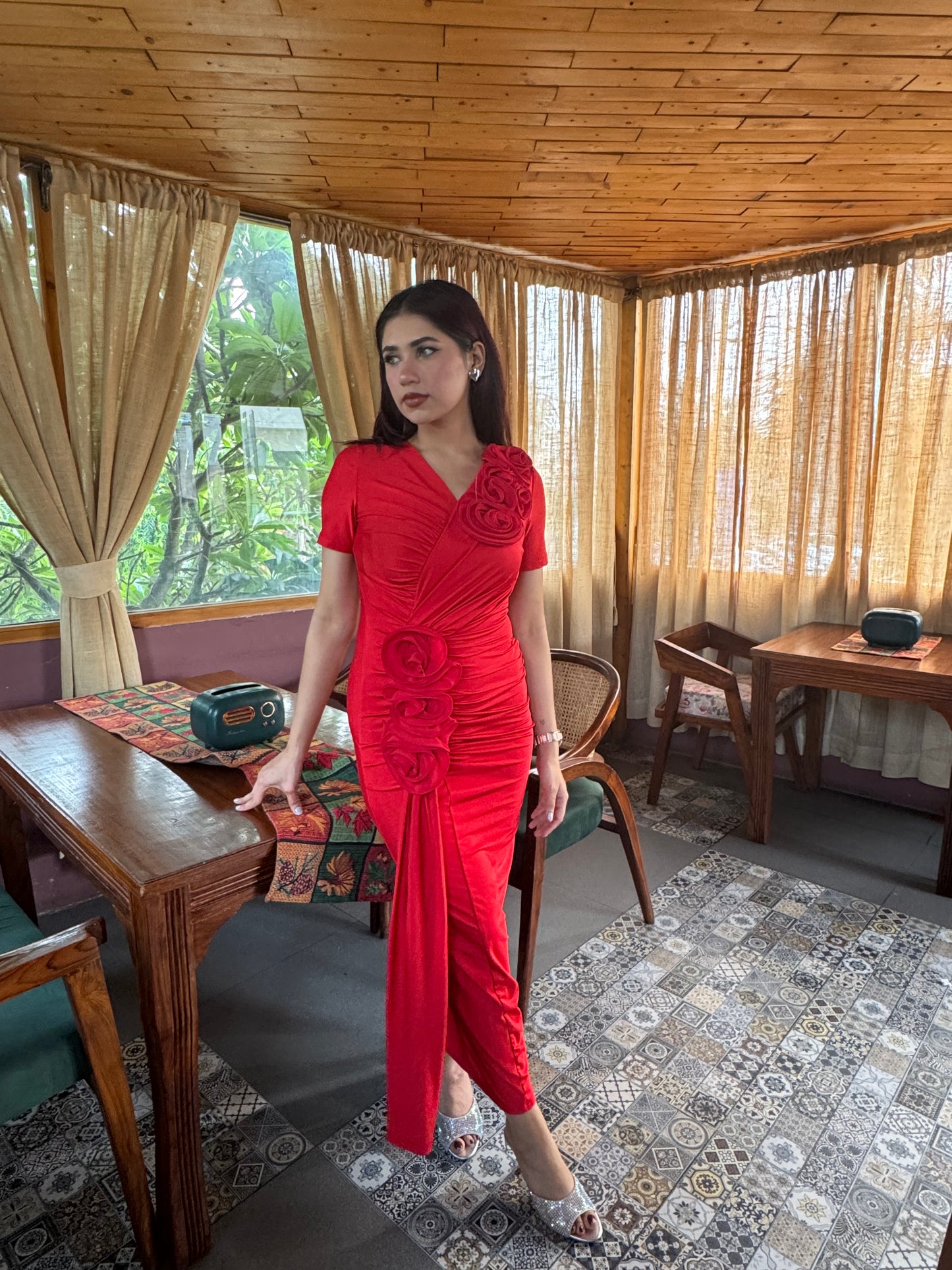 Elegant Rose Drape Dress