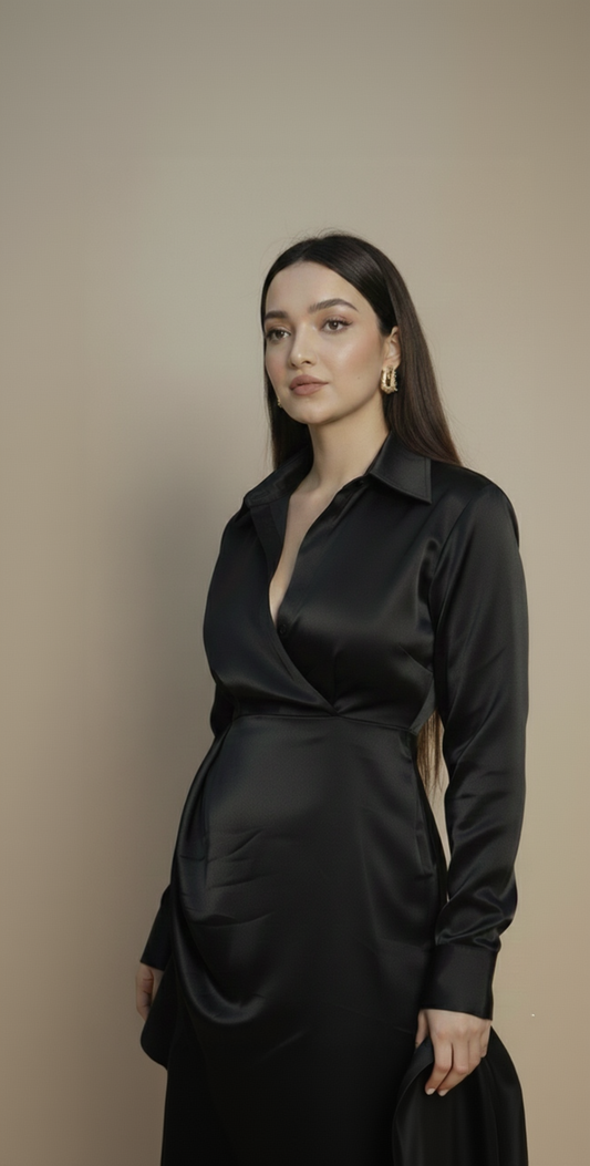 Black Satin Wrap Ruffle Dress