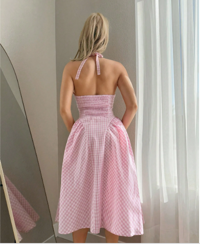 Pink Gingham Halter Maxi Dress