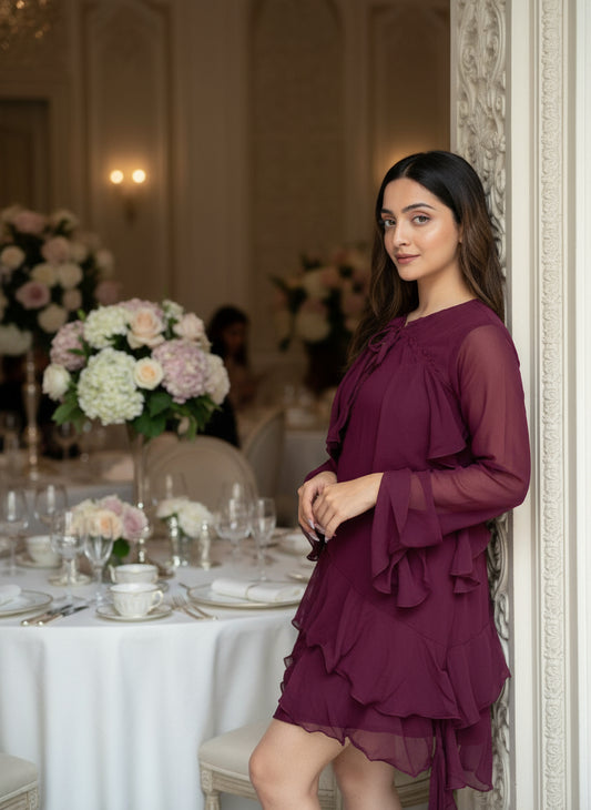 Wine Twill Frill Dress