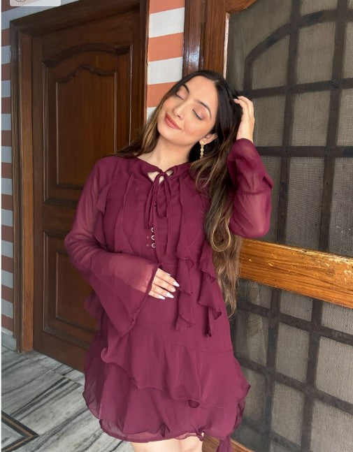 Wine Twill Frill Dress