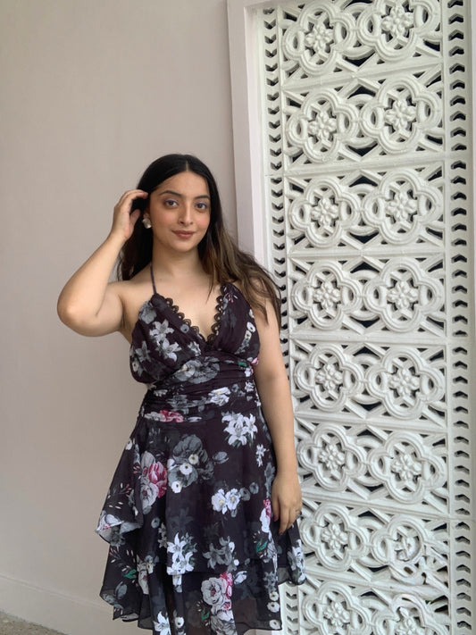 Black Flora Tie Up Dress