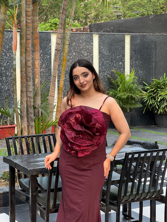 Wine Organza Bloom Dress