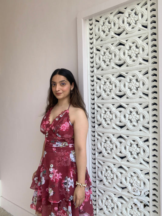 Maroon Flora Tie Up Dress