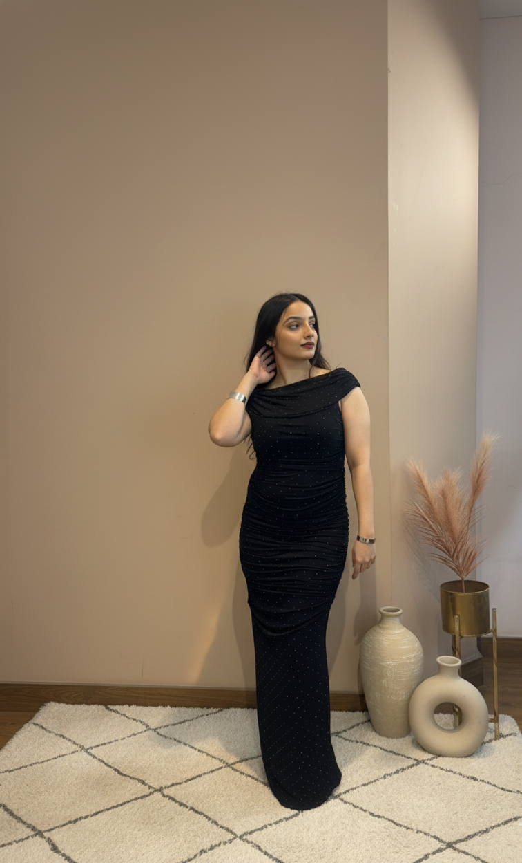 Black Ruched Swarovski Dress