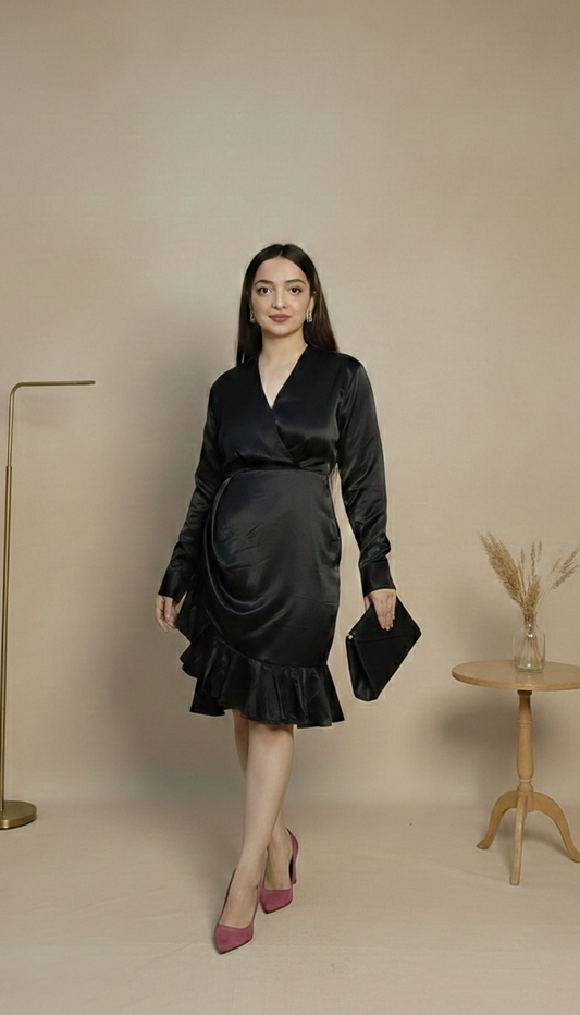 Black Satin Wrap Ruffle Dress
