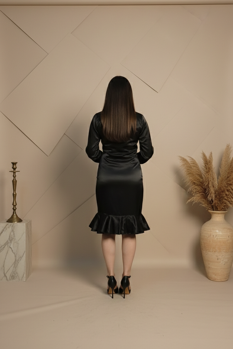 Black Satin Wrap Ruffle Dress