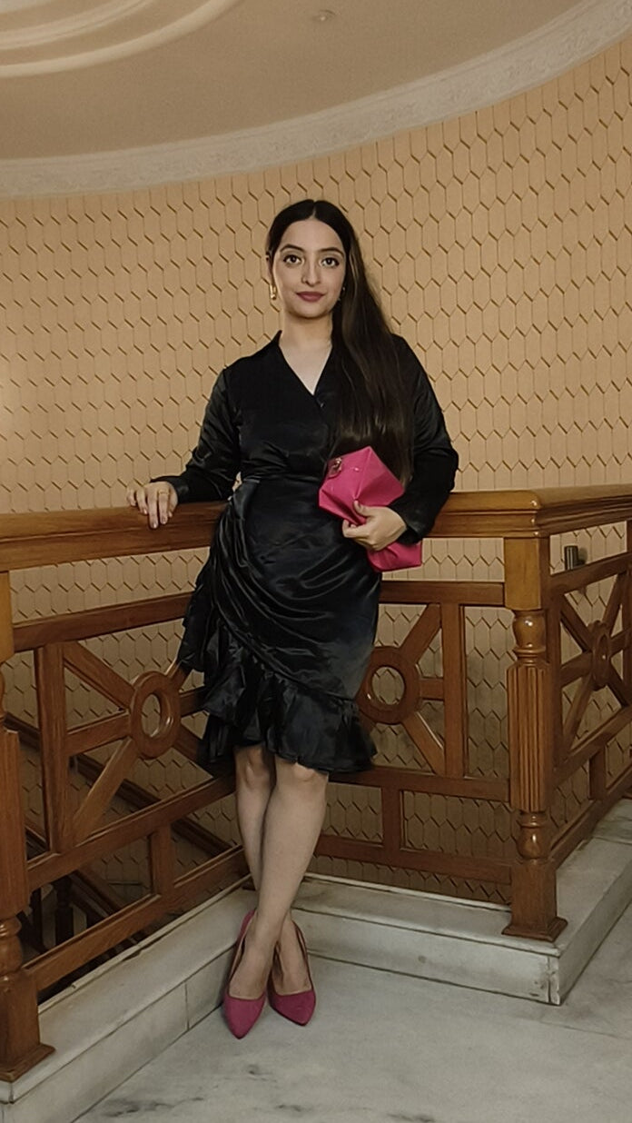 Black Satin Wrap Ruffle Dress