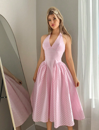 Pink Gingham Halter Maxi Dress