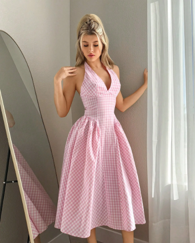 Pink Gingham Halter Maxi Dress
