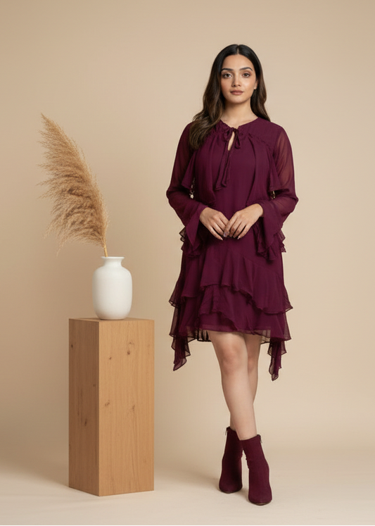 Wine Twill Frill Dress